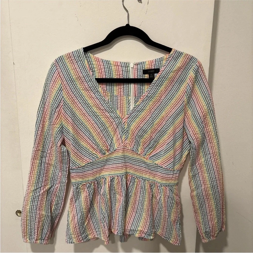 J.Crew V-Neck Peplum Rainbow Seersucker Top XS - Picture 5 of 5